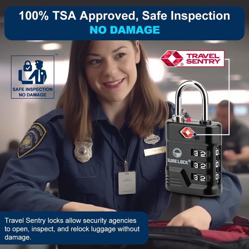 SURE LOCK أقفال TSA للأمتعة، أقفال أمتعة معتمدة من TSA مع تنبيه فتح، مفتاح 008 لأمان عالي، أقراص قراءة سهلة، جسم من سبائك الزنك، قفل خزانة للحقائب، صالة رياضية، سفر. (أسود 2 حزمة) - Image 4
